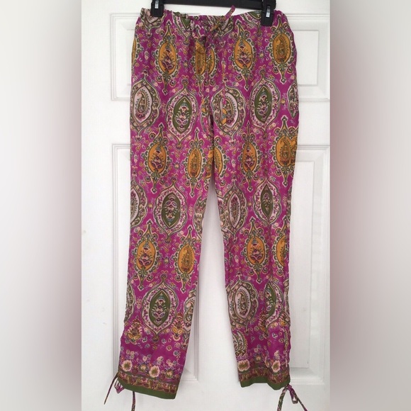 Ralph Lauren Paisley Boho Ruched Hem Drawstring Lounge Pants Purple Green Sz. S - Picture 1 of 10